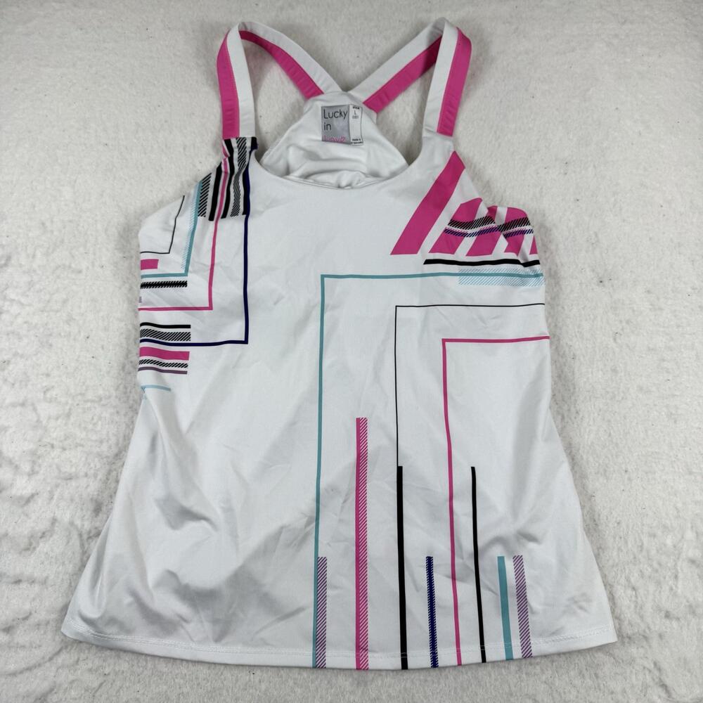 Lucky In Love Tank Top Womens Size L White Geometric Print Tennis Athletic